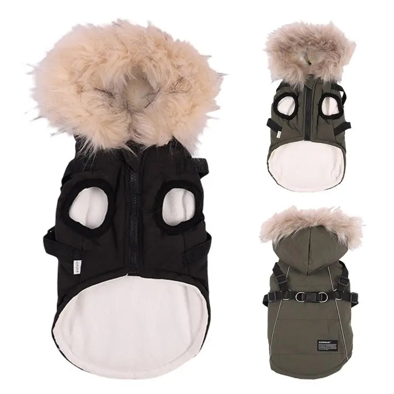 Autumn Winter Warm Pet Dog Jacket With Harness/ Hoodie- Dog Padded Coat with Imitation Fur Hat -For Small Medium Dogs Puppy Coat