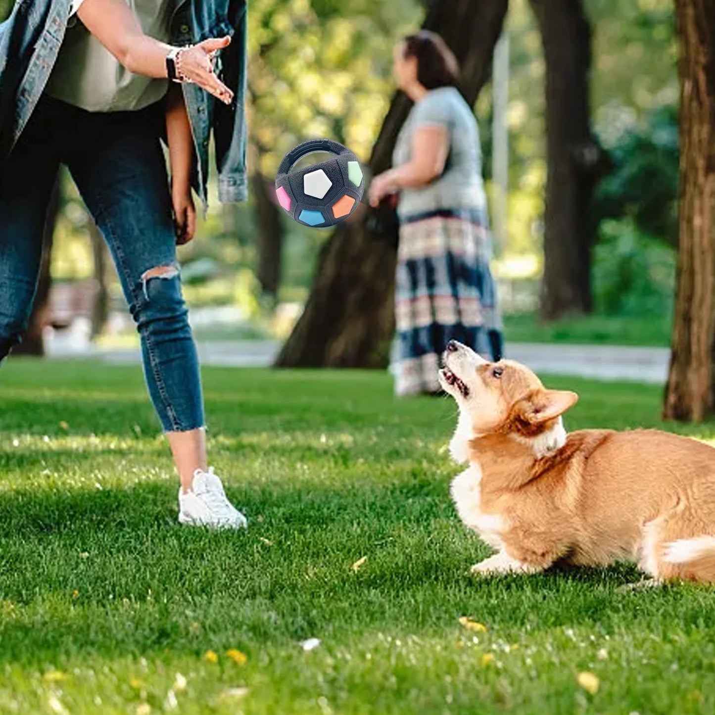 Dog Calming Ball with Handle - Football Shape Toy- Interactive-Squeaky-Dog Toys