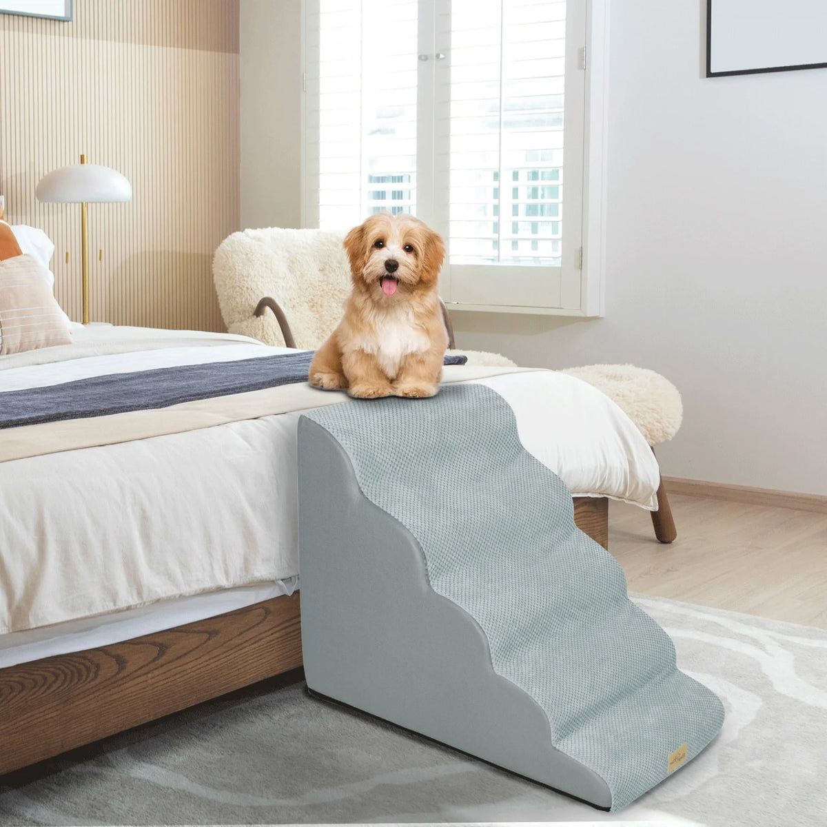 3/4/5 Steps Dog Stairs-Curved  Steps-Ramp with Removable Cover- for Sofa- Bed- Chair- High-Density Sponge Foam-Pet Stairs