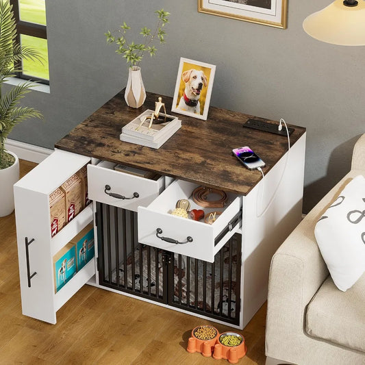Dog Crate Furniture- 31.5 Inch Wooden Indoor Heavy Duty Dog Kennel House with Doors & USB Charger- Farmhouse Modern End