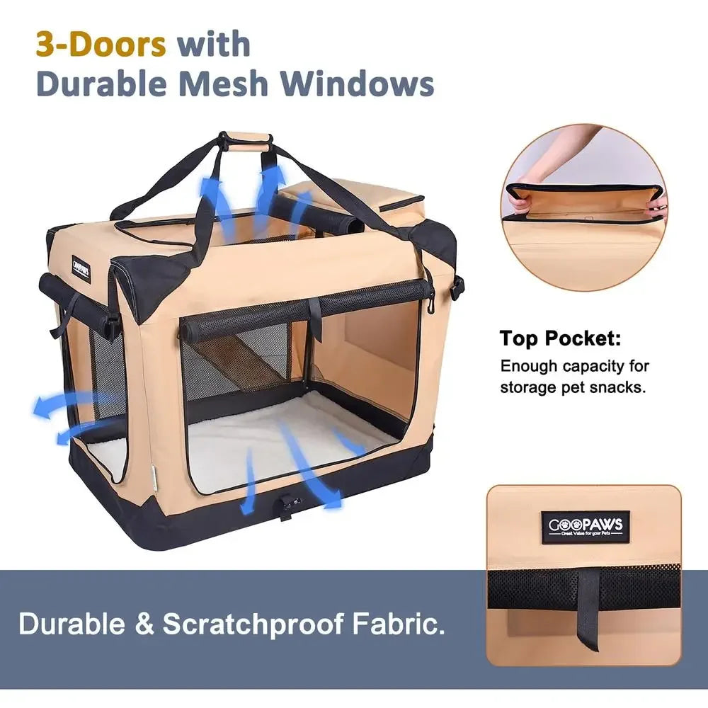 Soft Foldable Portable Dog Crate 36" Beige- Security- Breathable 3 Door Travel Carrier- Indoor & Outdoor Mesh Bed Pad
