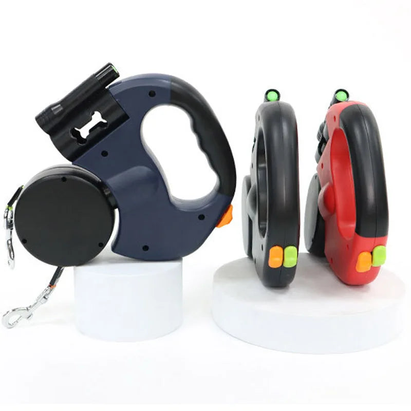 3 in1 Double Head Automatic retractable Dog leash with Flashlight /Poop Bag Dispenser- Reflective -Extendable Traction Rope
