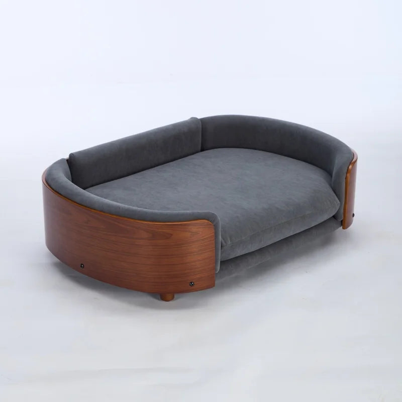 Elevated Dog Bed with Solid Wood Legs and Walnut Bent Wood Back- Velvet Upholstery- Washable-Large Size-Bed & Blankets