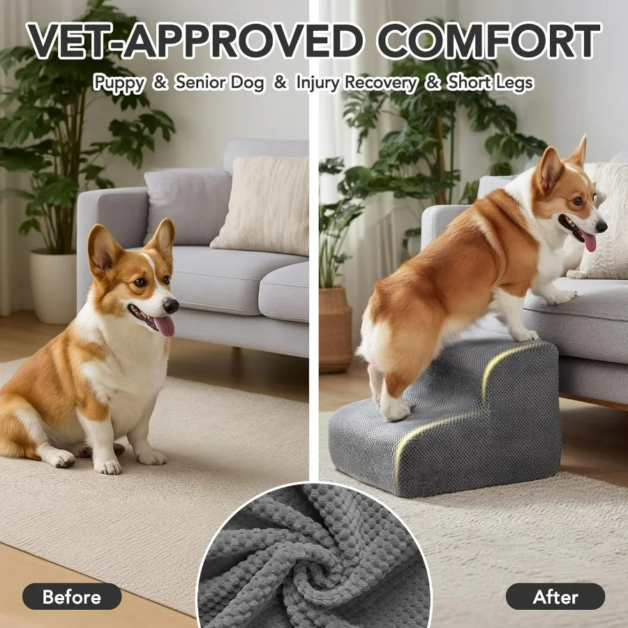 Pet Stairs for Small Elderly Dogs- 3-Step Dog Ramp- Non-Slip Surface- Soft Washable Cover- Portable