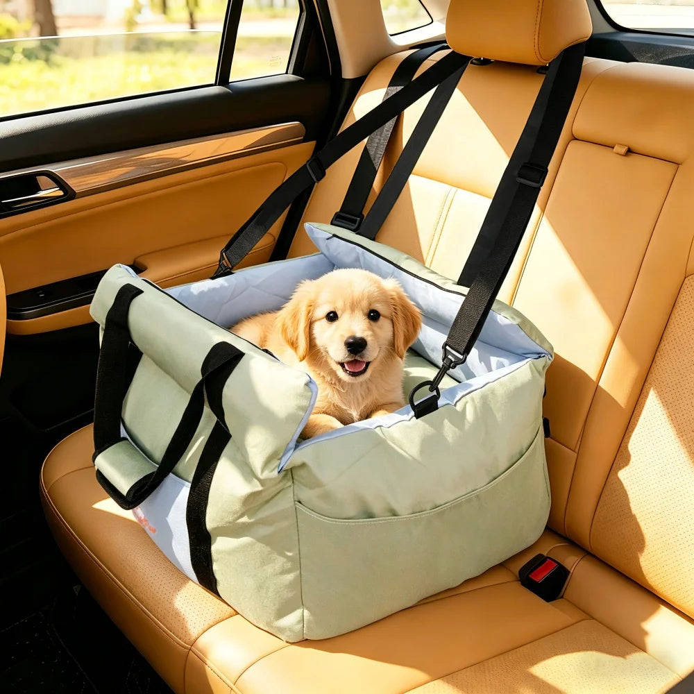 Portable Dog Car Seat-Booster Seat-Travel Carrier- Bed with Safety Belt- Storage Pocket- Removable/Washable Cover-Beds & Blankets