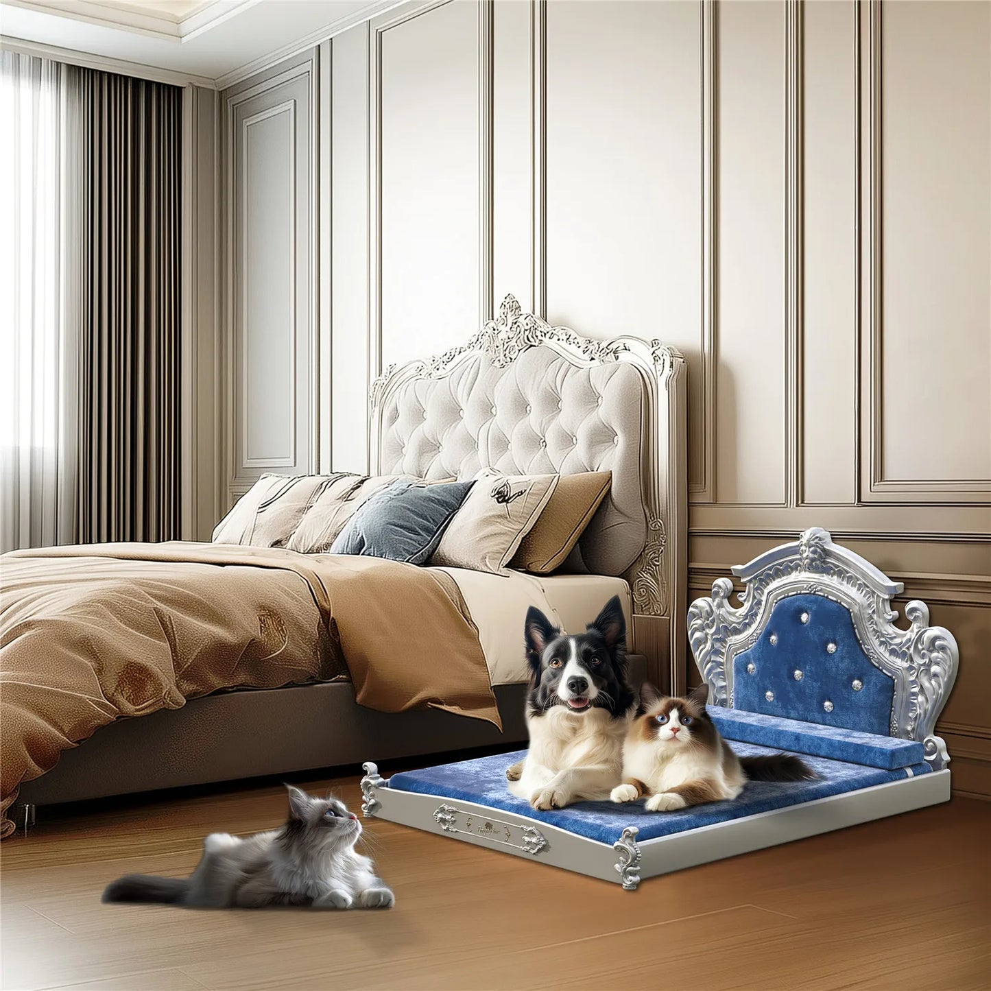 Bingopaw Luxury Pet Bed with Headboard, Dutch Velvet Dog Bed for Medium/Large/Multiple Dogs, European Style Noble Pet Bed