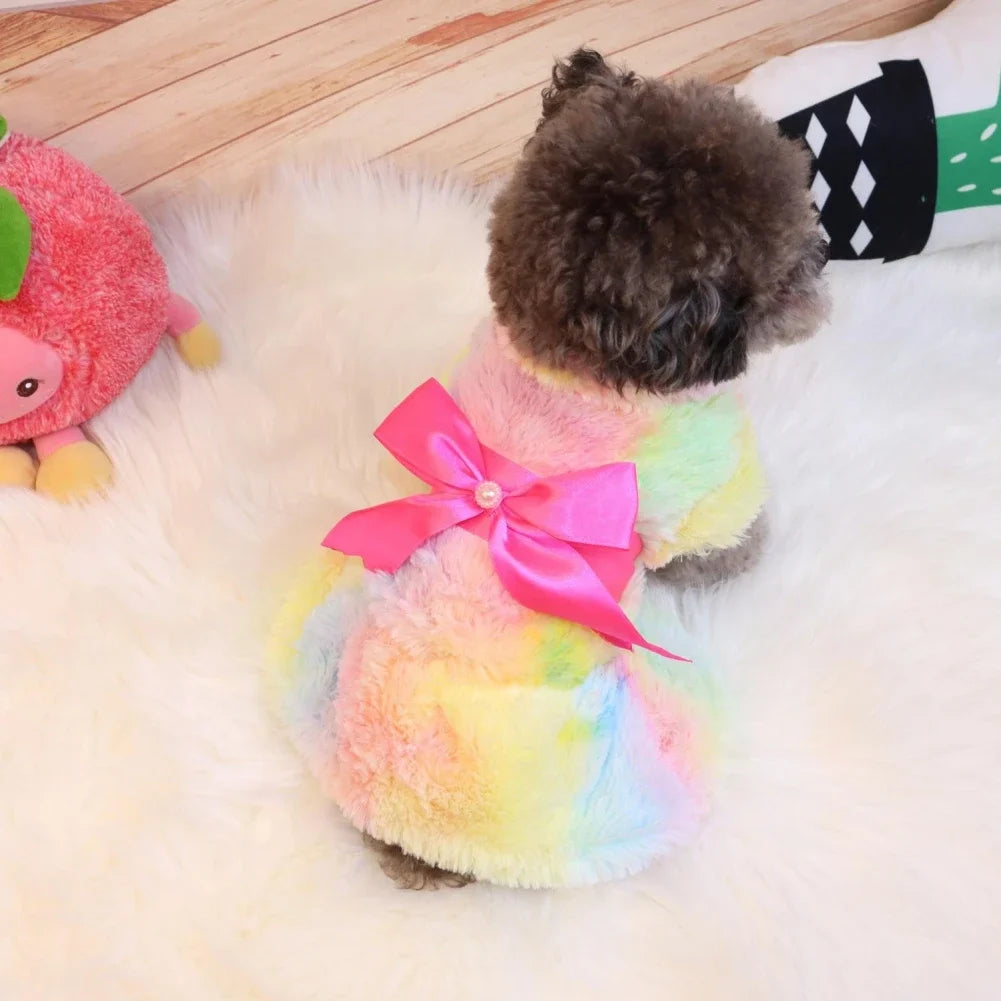 Winter Warm Dog Fashion Color Skirt- Fleece- Warm Rainbow Candy Color- Cute Plush Skirt Leopard Print with Bow-Costumes/Apparel
