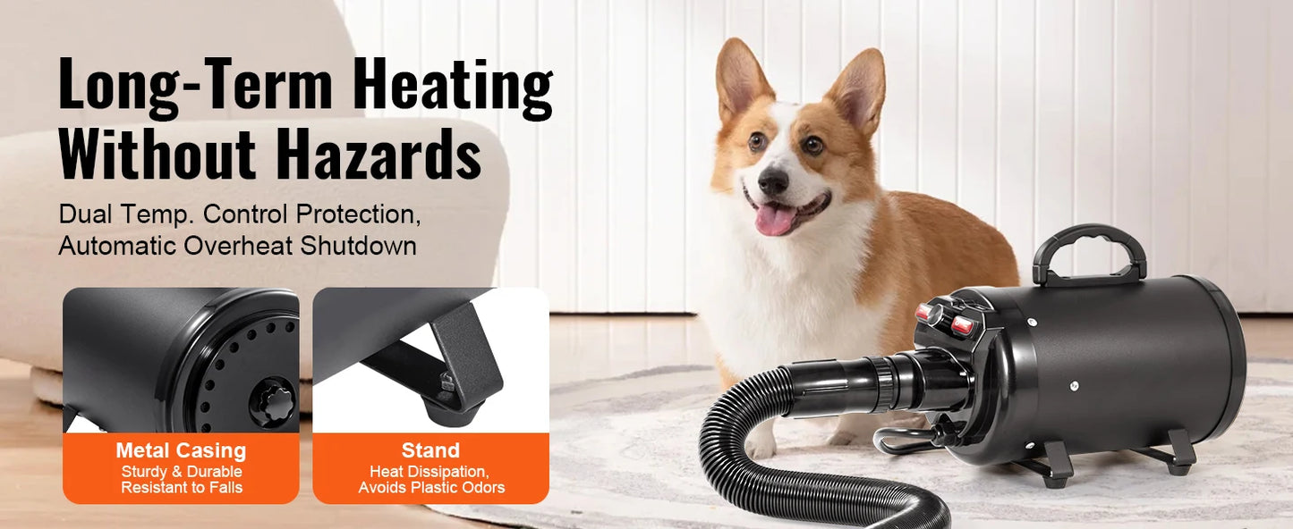 Dog Blow dryer- 2000W/2.7HP- Adjustable Speed Temperature Control with 4 Nozzle- Extendable Hose- Pet Grooming