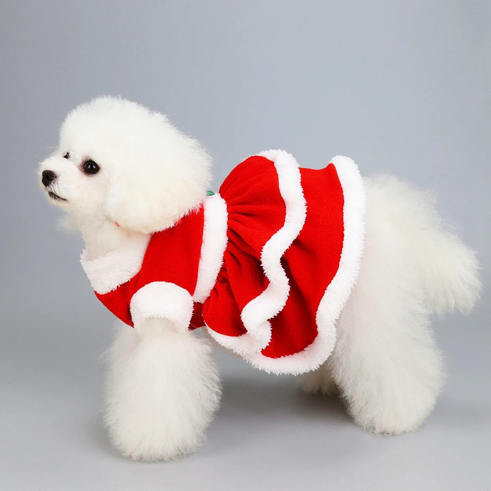 Christmas Girl Dog Costume Dress -Puppy Warm Fleece Skirt- Clothes Autumn Winter Pet Clothes -Dog Red Skirt Fancy Dress Costume
