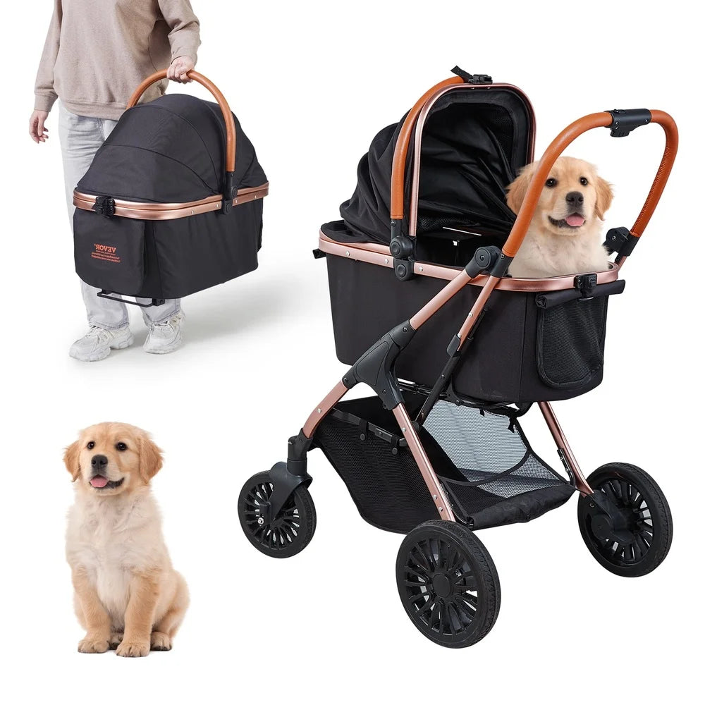 3-in-1 Pet Stroller- Foldable Dog Cart with Storage Basket- Aluminum Frame- Large Wheels- Adjustable Handle- Safety Leash- Breathable
