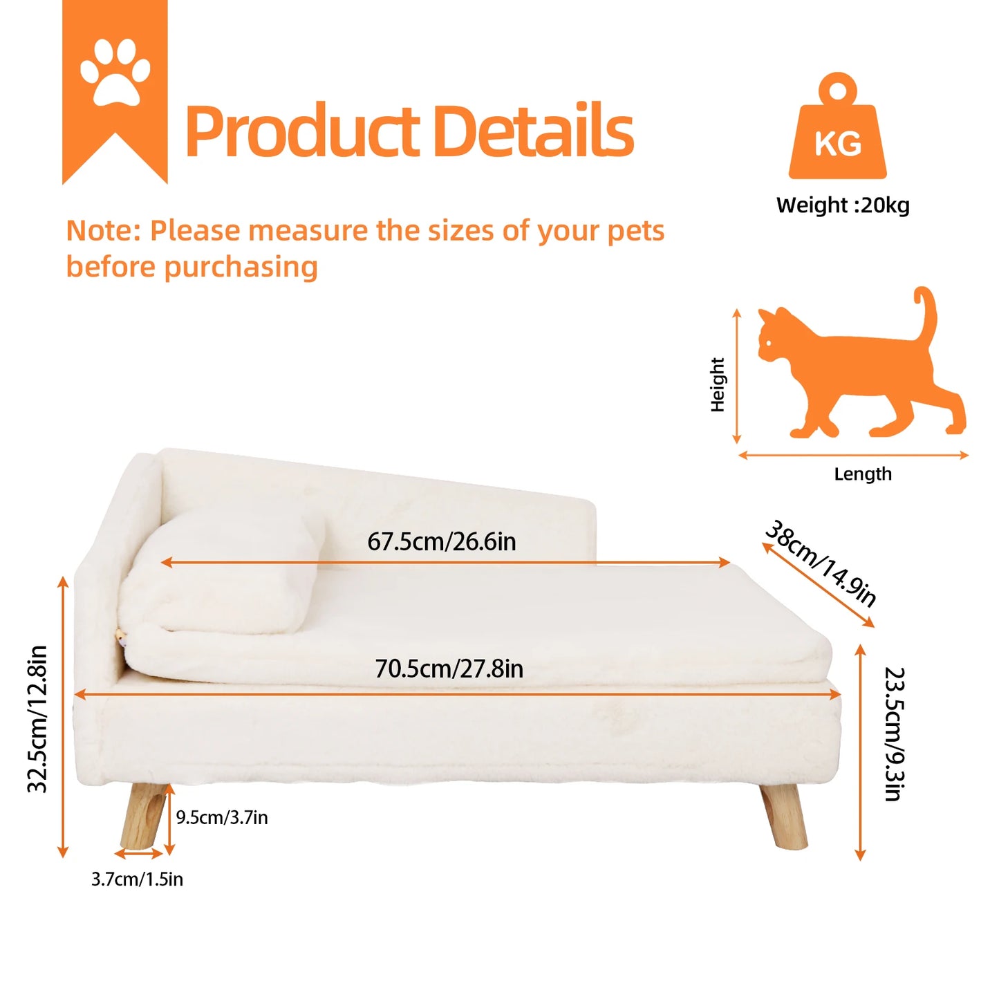 Elevated Pet Bed-Nordic Pet Stool Bed with Cozy Pad- Waterproof- Pet Sofa Bed with Sturdy Wood Legs for Small Dog-Bed & Blankets