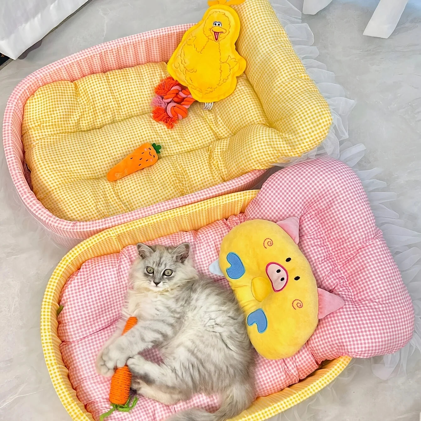 Cute Lace-Trimmed Pet Princess Bed- Soft Polyester Plush- Oval for Small Dogs- Easy Assembly- Indoor Use-Bed & Blankets