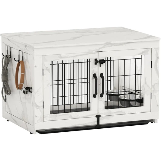 Wooden Dog Crate Furniture with 360°Rotatable Removable Dog Bowls- Dogs Crate End Table with Tray-Double Doors Dogs Kennels