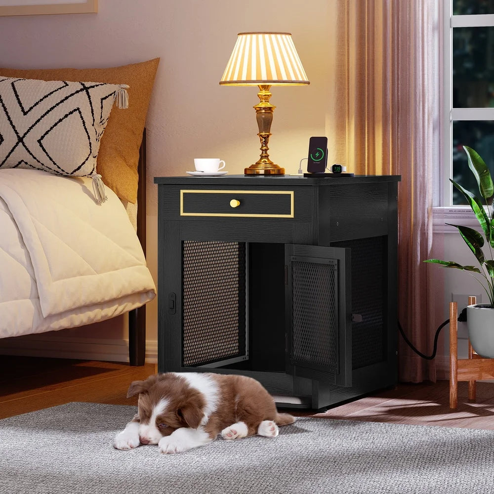 Wooden Furniture Dog Crate- Dual USB Charger- Safe and Stable Indoor Furniture- Easy Clean Tray- Lockable- Small Dogs