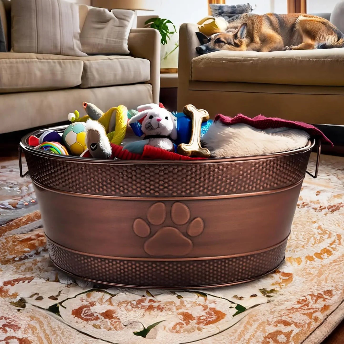 Durable Metal Dog Toy Storage Bin with Handles- Rust-Resistant Copper Basket for Pet Toys-(25-Quart)-Dog Toys