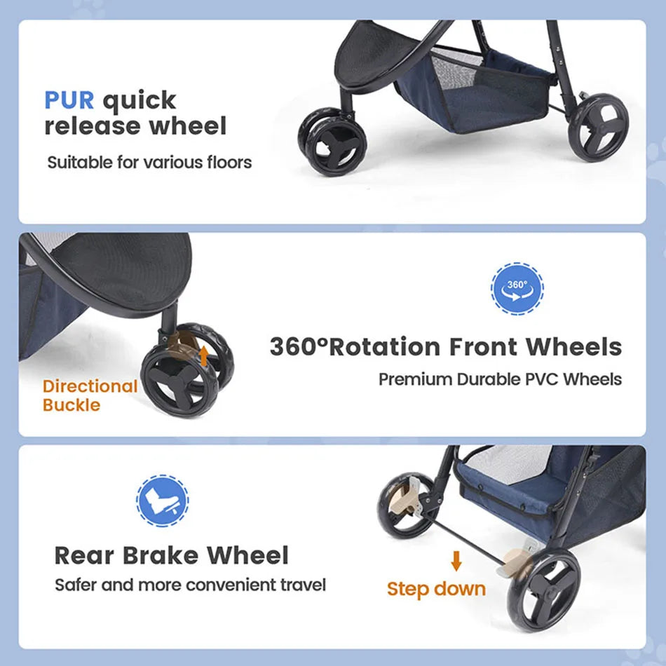 Pet Stroller- Travel Car- Foldable- Storage-3 Wheels 360 Rotation-Pet Strollers