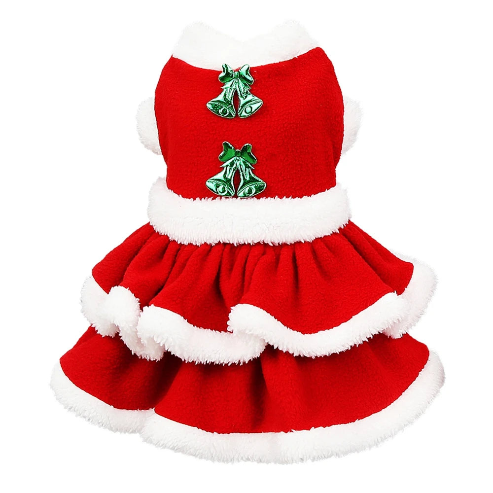 Christmas Girl Dog Costume Dress -Puppy Warm Fleece Skirt- Clothes Autumn Winter Pet Clothes -Dog Red Skirt Fancy Dress Costume