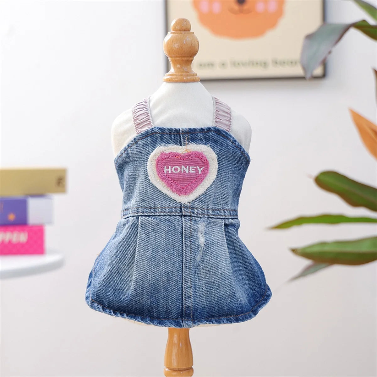 Denim Dress -Floral Print Dog Dress- Adorable Bowknot -Pet Clothes for Pomeranian- Shih- Tzu- Maltese- French Bulldog, etc.