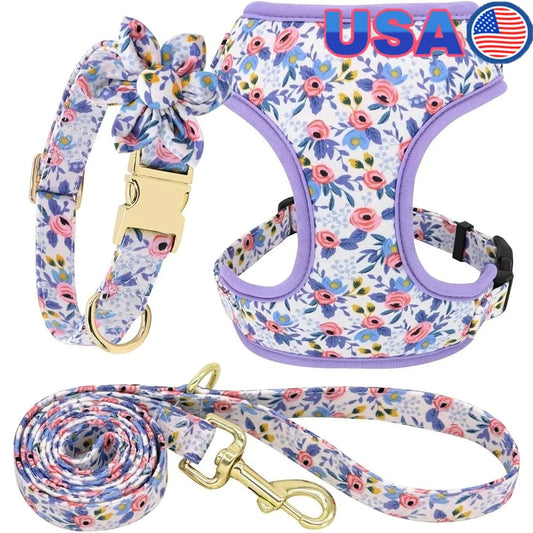 Cute Dog Harness Leash Collar Set- Adjustable Floral Soft Mesh Pet Vest-Size XS