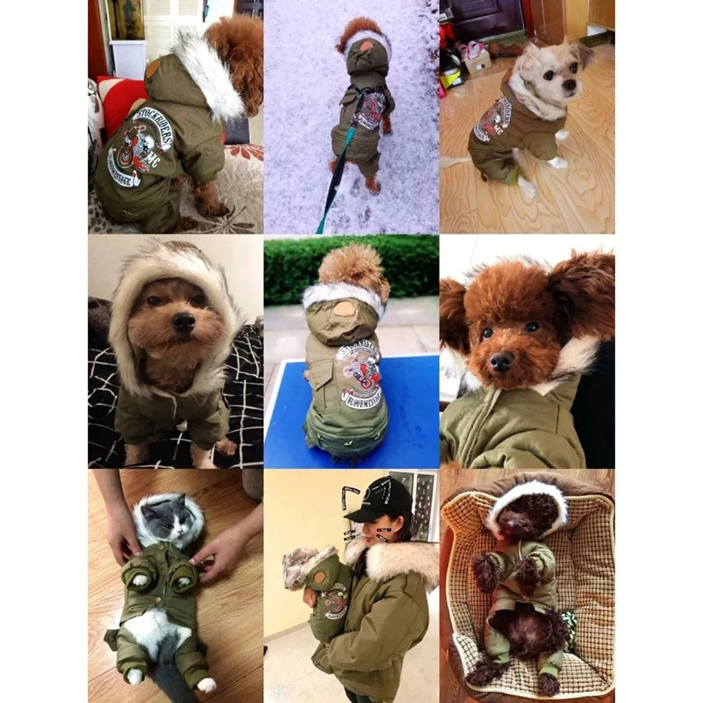 Dog  Thickness Hooded Driver Style Four Legs Cotton Winter Coat- Windproof Dog Jumpsuit- Warm Small Puppy Dogs Clothing