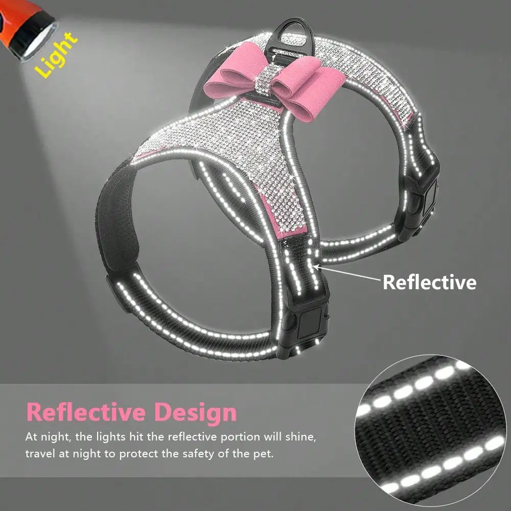 Bling Korean Style Plush Rhinestone Dog Harness- Reflective -Adjustable- Breathable-Sizes S M L-Collars/Leashes