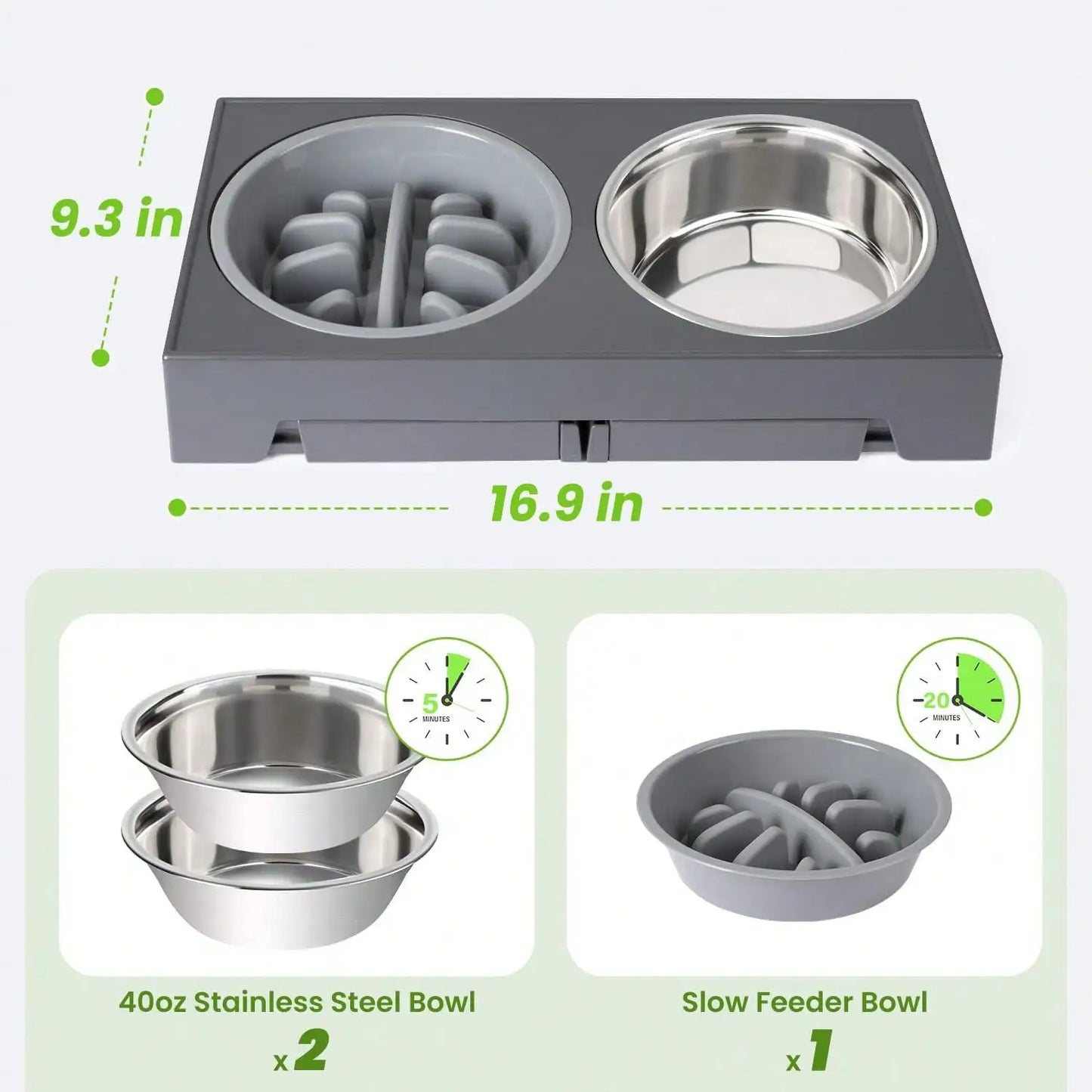 5-Height Adjustable Raised Dog Bowl Set - Includes 2 Stainless Steel Bowls- + 1 Slow Feeder- Anti-Choke Design-Suitable For All Dog Breeds- Pet Bowls/Feeding