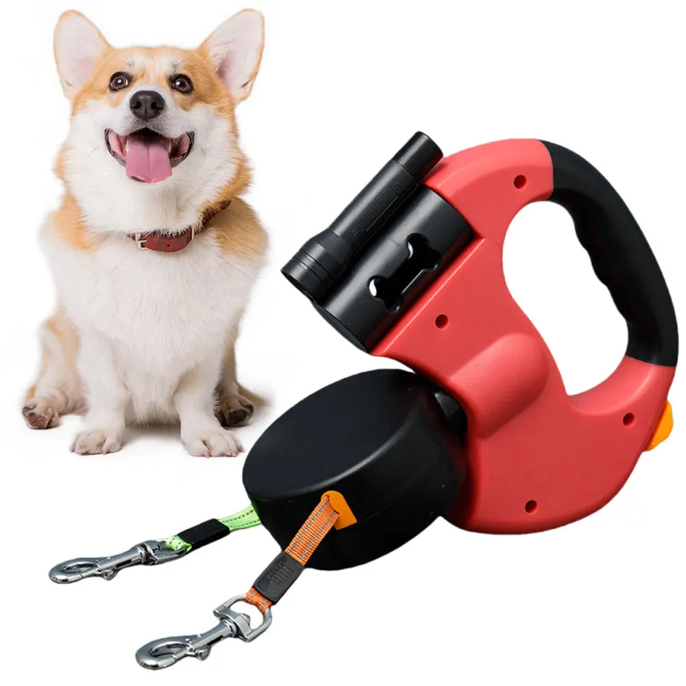 Double Headed Dog Leash Traction Rope with LED Light Dog Walking Leash- Retractable -Collar/Leashes